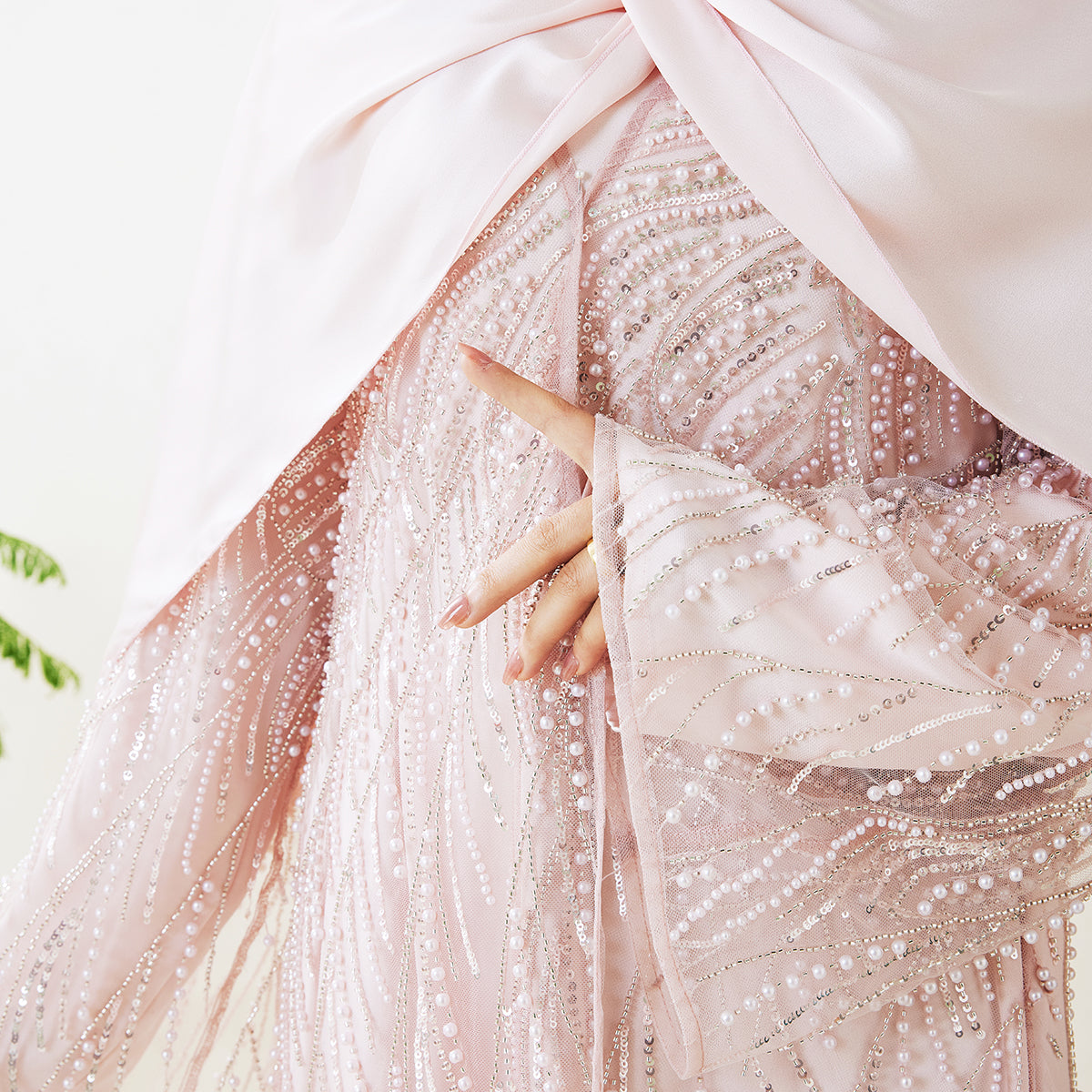 3-Piece Bridal Abaya Set with Pearl‑Embellished Organza Overlay PREORDER（NCS010）