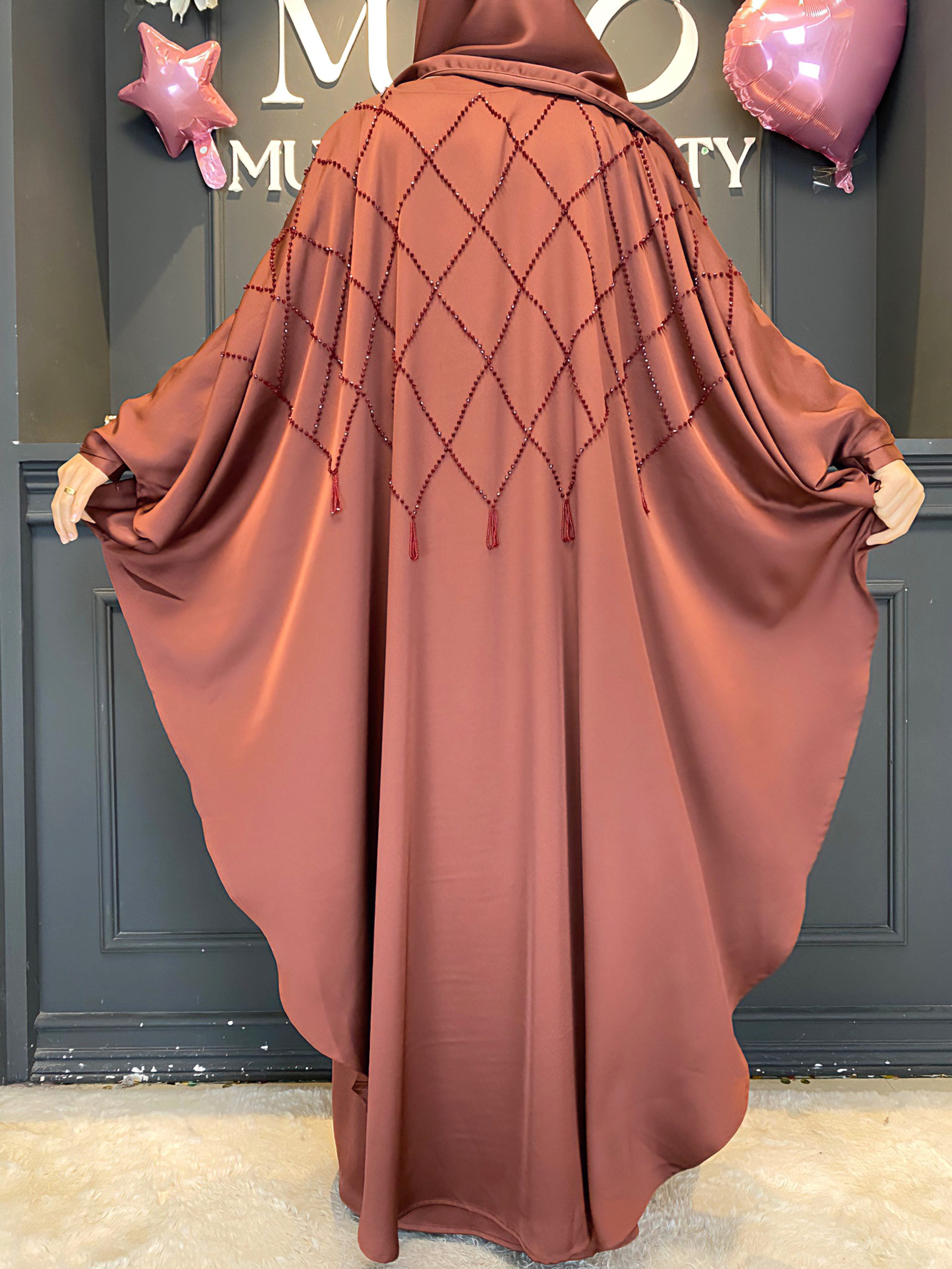Ramadan 3-Piece Satin Abaya Set – Handmade Beaded Open Abaya with Inner Dress & Hijab (NCS021)