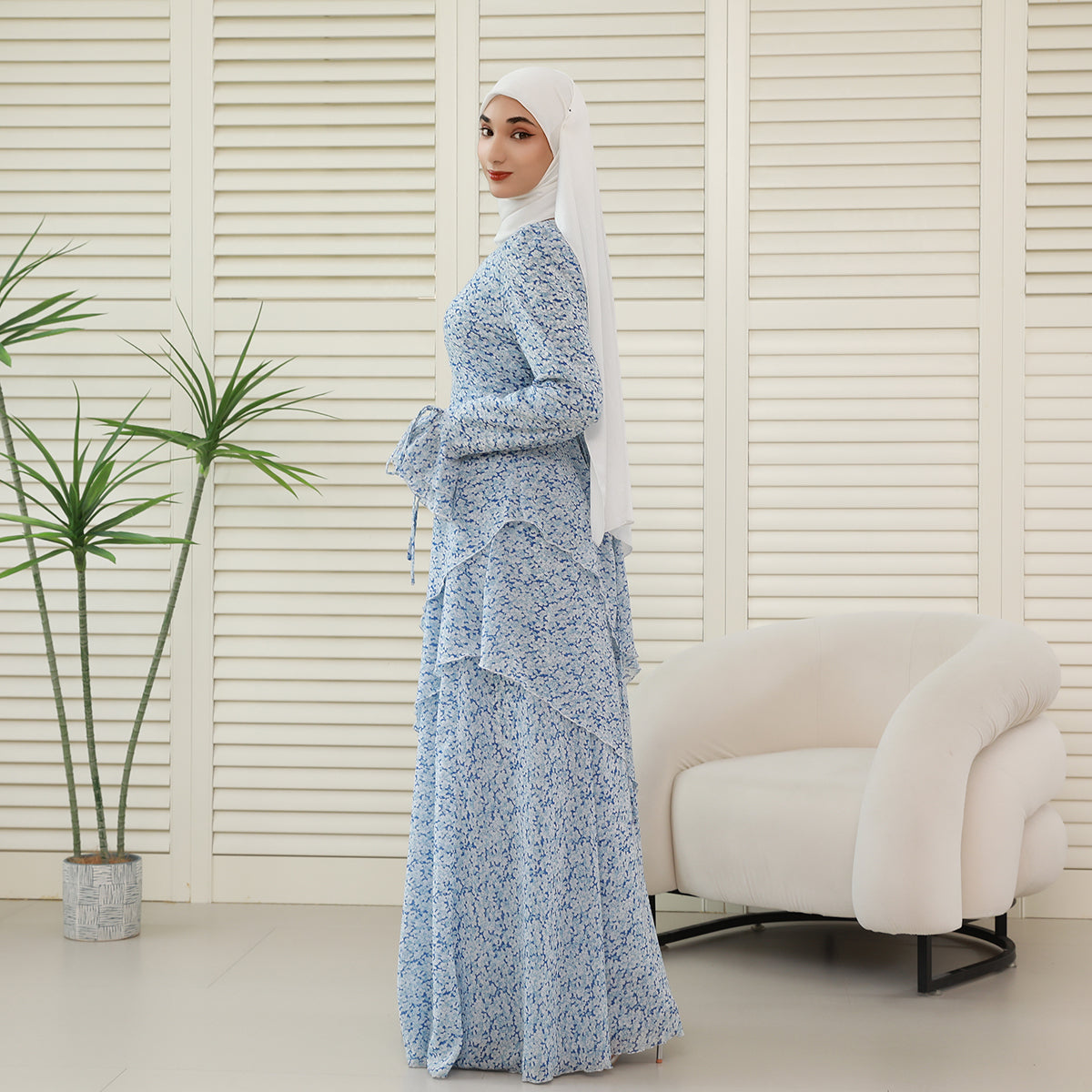 3-Piece Ruffle Chiffon Abaya Set – Top, Skirt & Scrunchie NCA006