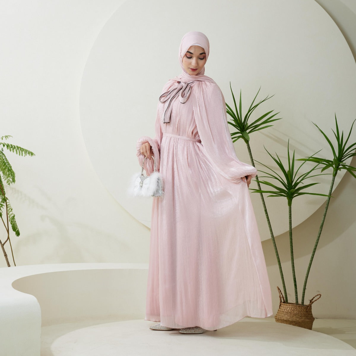 Haffafa Armani Satin  Abaya Set –  Modest Dress with Matching Belt & Hijab(NCS002)