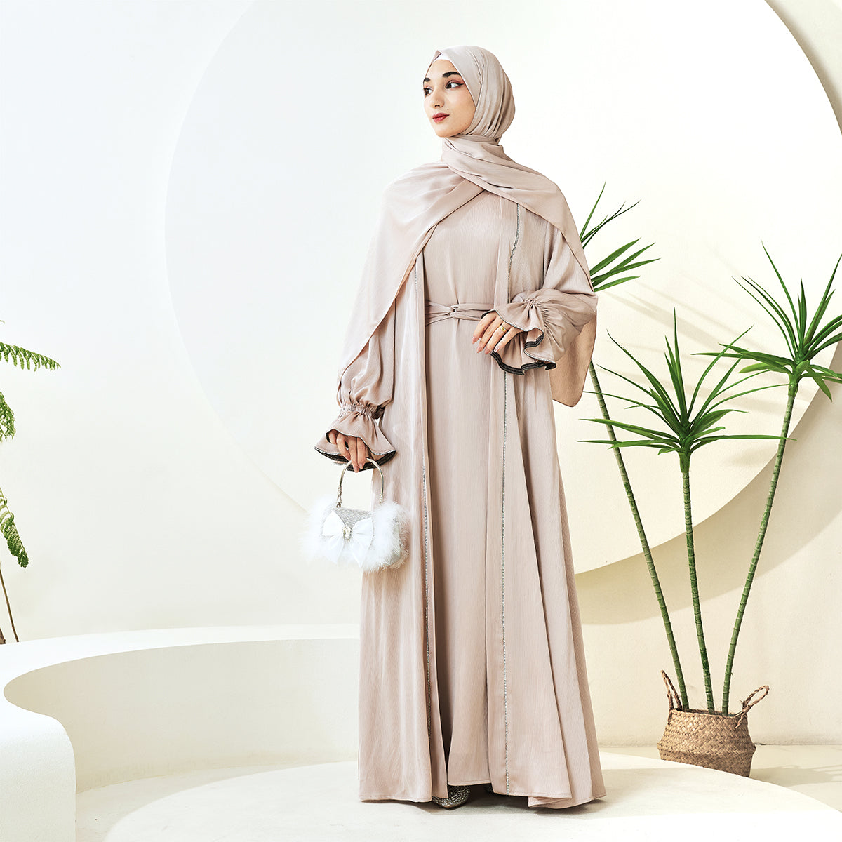 3-Piece Ruffle Sleeve Haiya Abaya Set with Sparkling Rhinestone (NCS006)