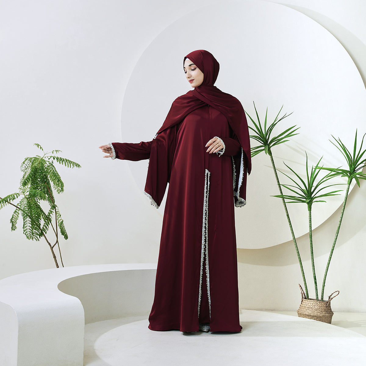 Rhinestone-Trim Inner Dress & Zippered Cape Abaya Set – Pre-Order (NCS011)