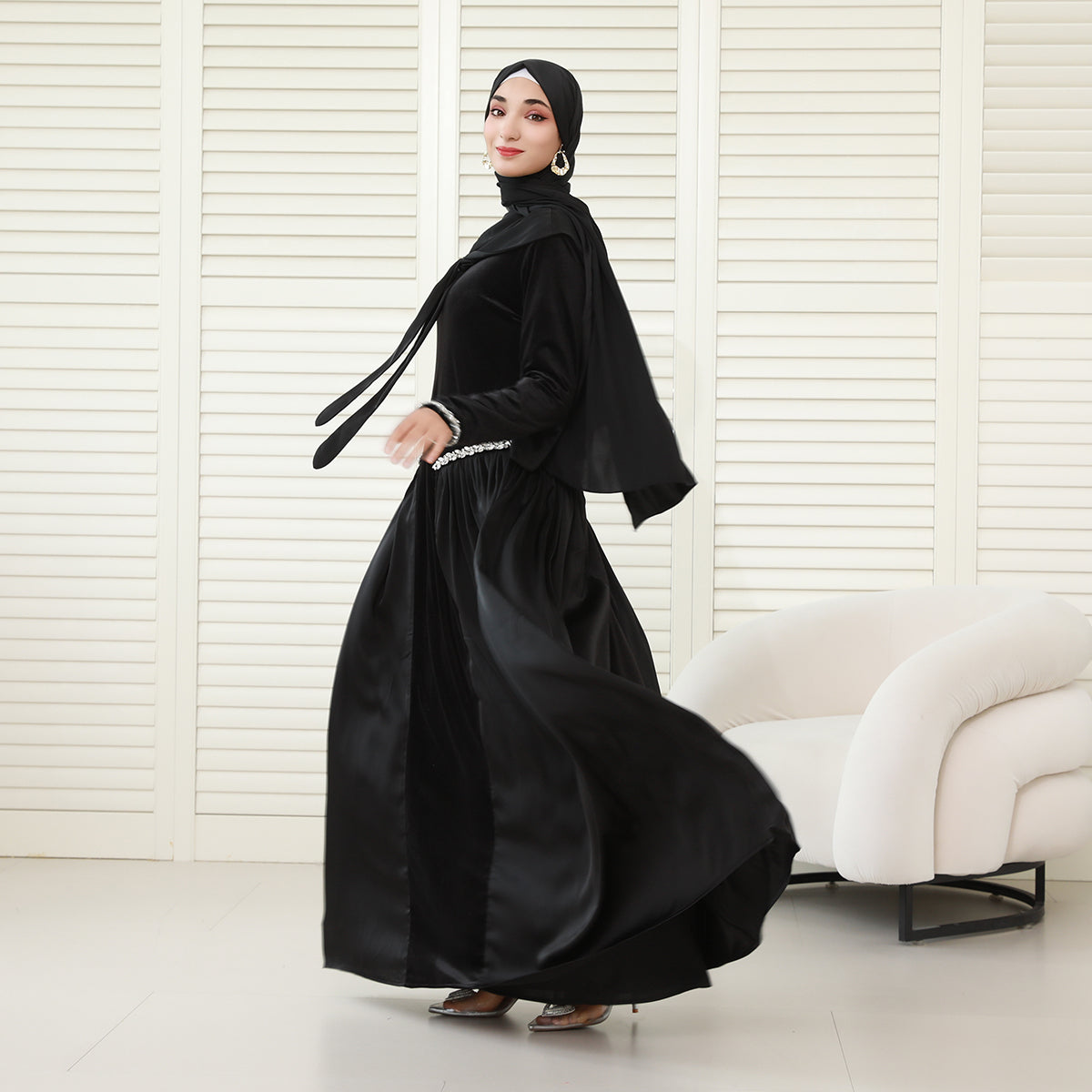 Navy Collar Velvet Satin Abaya Set with Hijab – Fall Modest Fashion (NCS016)
