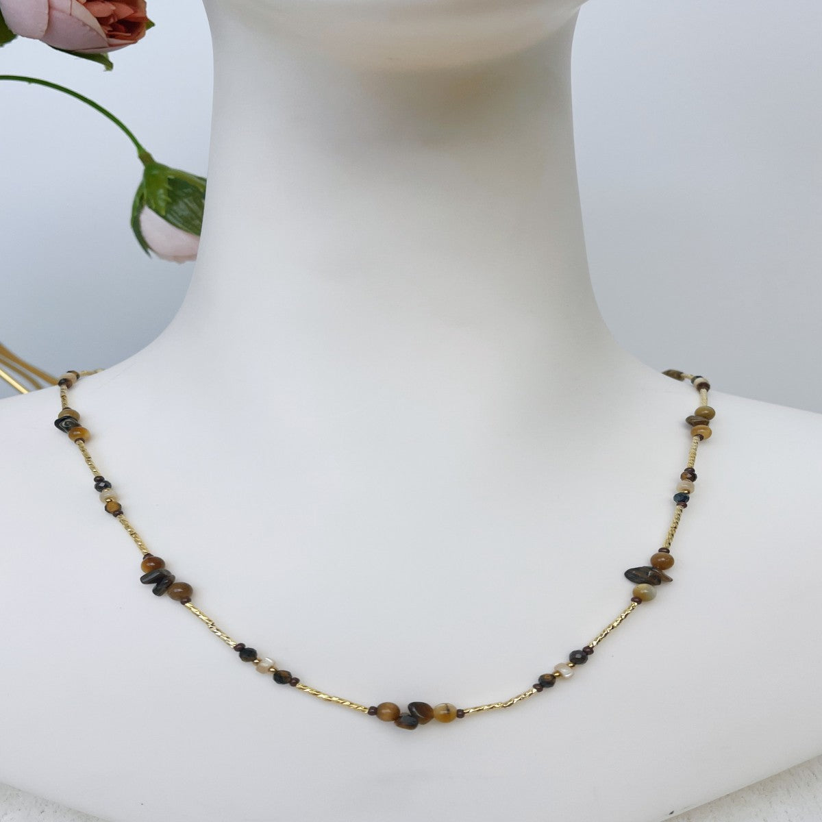 Boho Raw Stone Beaded Necklace with Vintage Sun Pendant – Handmade Natural Gemstone Jewelry for Women(NCJ001)